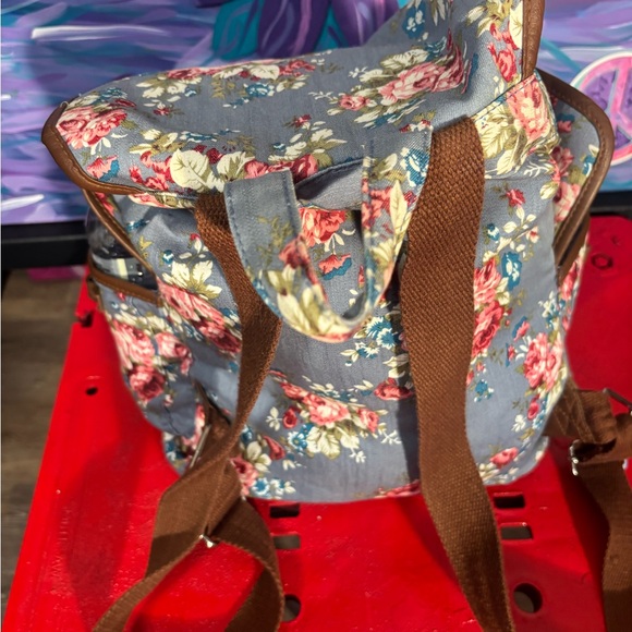 Floral Canvas Backpack / Diaper bag with Brown Trim - Picture 4 of 13